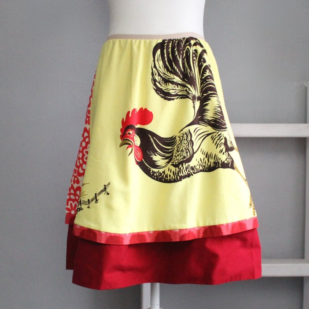 A-Line Yellow Rooster Print Skirt with Red Hem